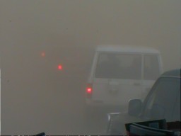 On the northern edge of the Taklamakan Desert, a sandstorm blew up and lasted for an hour or so. Camel's eyes are double lidded to keep out the sand and are more effective than the rubber seals on the bus windows which let in the fine desert sand.