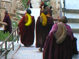 Travelling monks such as this one usually have to find their own travel money. Truck drivers acquire karma (merit) by giving free rides; bus drivers are not allowed to do likewise. Kangding