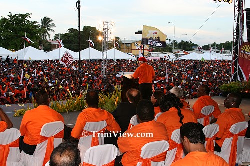 Basdeo Panday addresses the crowd at the UNC Rally