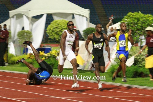 Darrel Brown took a tumble during the Men's 100 Meter dash